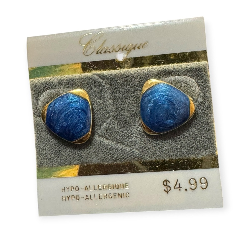 Vintage Stud Earrings Marbled Blue & Gold 1980's NOS Hypoallergenic Grandma Gift